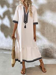 SHEIN LUNE Mùa hè dành cho nữ sọc tua rua cổ chữ V Raglan tay áo dài tay xù xù viền dài - trắng - Xem 6