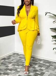 Slaydiva Fall Classic Commuting Women's Plus Size Yellow Women Dresses Yellow Solid Color Waist-Cinching Frilled Hem V-Neck Suit Set - Yellow - View 9