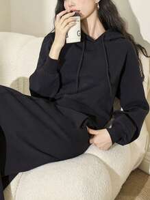 SHEIN EZwear Chất rắn Dây rút Lót nhiệt Hoodie - màu đen - Xem 1