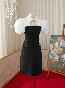 Váy chữ A tay bồng khoét sâu đính nút lấp lánh cổ áo ngà cho nữ, eo bó, có khóa kéo ẩn màu đen và viền tròn, váy mùa hè thanh lịch - Đen và trắng - Xem 3