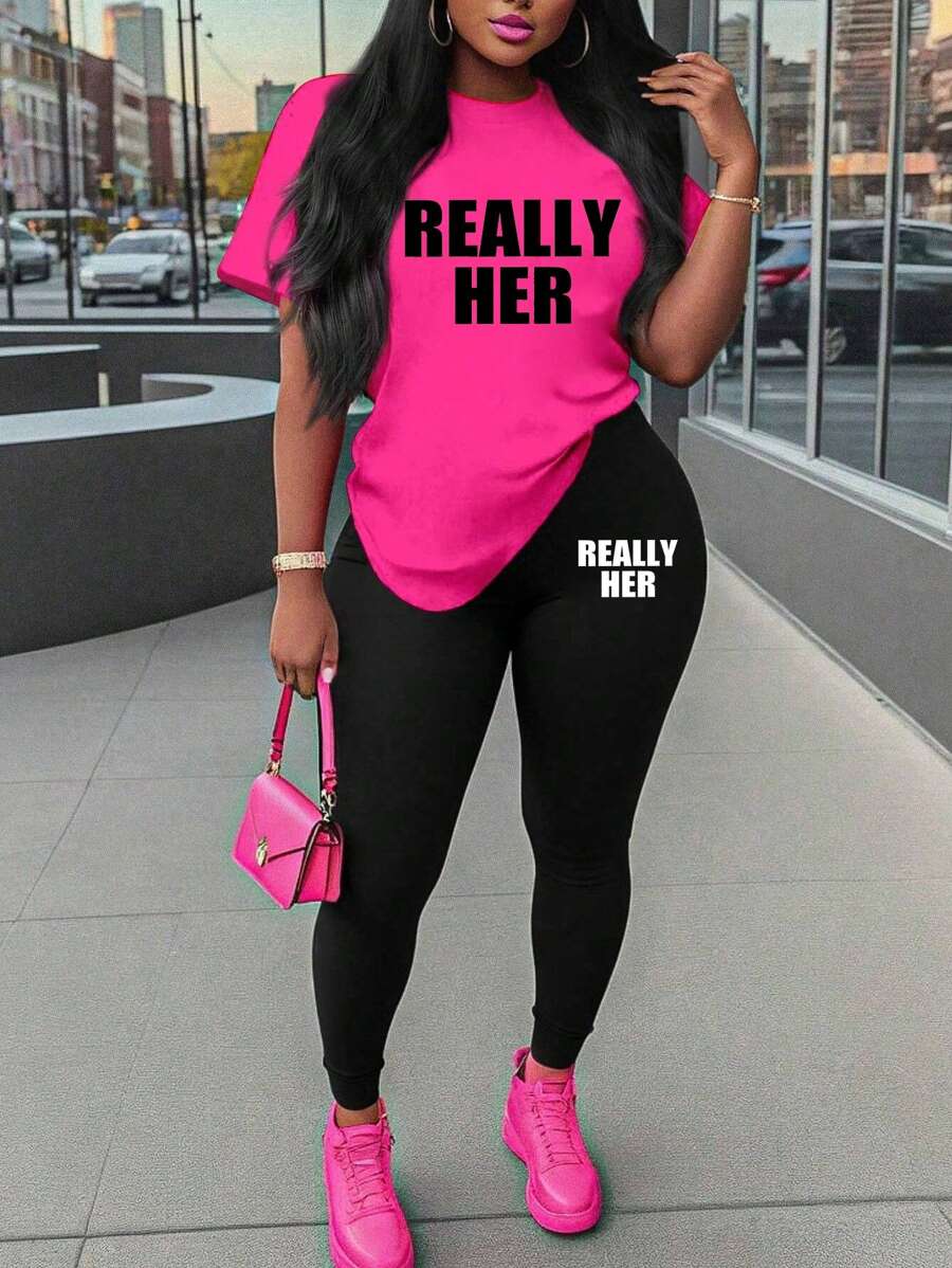 Zolique Bộ áo thun ngắn tay và quần legging in chữ cho nữ - Nhiều màu - Xem 1