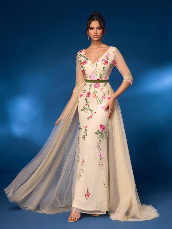 Glamrae Elegant Apricot Mesh Embroidered Floral Design See-Through Long Sleeve V-Neck Dress, With Chest Pad, Contrast Color Belt, Slim Fit Mermaid Style, Mesh Hem And Train, Suitable For Wedding, Event, Formal Dinner Party Prom Evening Wedding Guest Gown, For Graduation
