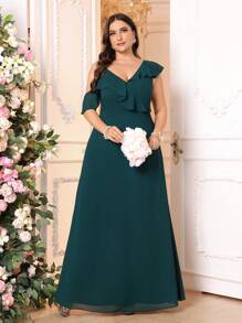 SHEIN Belle Vestido assimétrico verde escuro com babados e decote em V com sutiã embutido, vestido formal simples para dama de honra - Verde Escuro - Visão 5