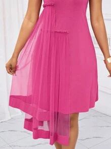 SHEIN Lady Vestido casual de mujer de tul rosa con contraste, vestido casual para oficina y fiesta
