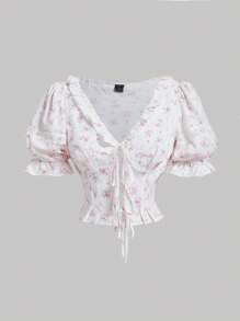 SHEIN MOD Blusa de mujer de manga media con flores rosa y blanco, mangas abullonadas y apertura delantera con volantes, blusa floral rosa - Rosa - Ver 1