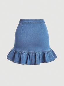 SHEIN MOD Ruched Ruffle Hem Denim Skirt - Light Wash - View 2
