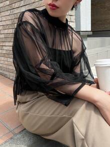 Women's Semi-Transparent Mesh Decorated Fashion Shirt - Black - View 6