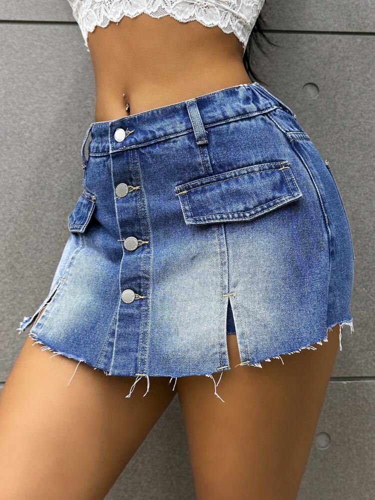 Sexy Women's Denim Shorts Dress With Attached Skirt, Blue