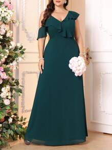 SHEIN Belle Vestido assimétrico verde escuro com babados e decote em V com sutiã embutido, vestido formal simples para dama de honra - Verde Escuro - Visão 3