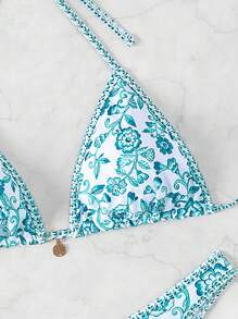 Swim Vcay 女性夏季海灘花卉印花頸項綁帶性感比基尼套裝