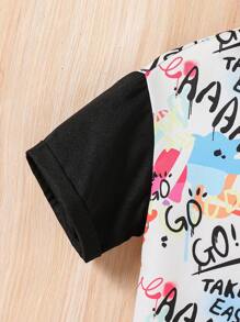 年輕女孩編織塗鴉圖案拼接寬鬆休閒襯衫 - 黑色 - 查看 5