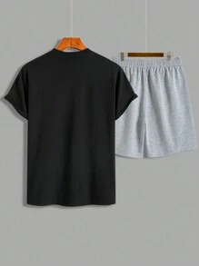 Manfinity LEGND 夏季男士卡通熊圖案圓領短袖休閒T恤和短褲套裝 - 灰色 - 查看 2