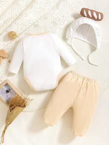 Baby Boys' Simple Long Sleeve Romper Set, Including Bread-Shaped Romper, Pants And Hat, 3pcs Home Wear - White - View 2