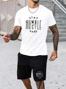 Men's Letter Print T-Shirt And Drawstring Waist Shorts Set - White - View 1