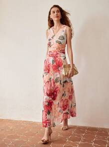 MOTF PREMIUM FLORAL PRINT V-NECK RUCHED WAIST DRESS - Multicolor - View 7