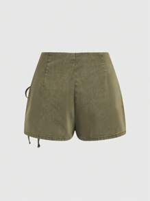 SHEIN MOD 女款牛仔裙，採用側邊鑲嵌方眼穿線織帶設計 - 軍綠色 - 查看 2