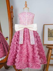 Young Girls' Sleeveless Round Neck Glittering Rose Embellished Long Formal Dress