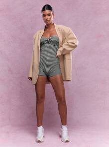 MISSGUIDED Mono corto de verano con detalle de nudo retorcido, rayado texturizado y ajustado, mono lindo - Blanco y Negro - Ver 5