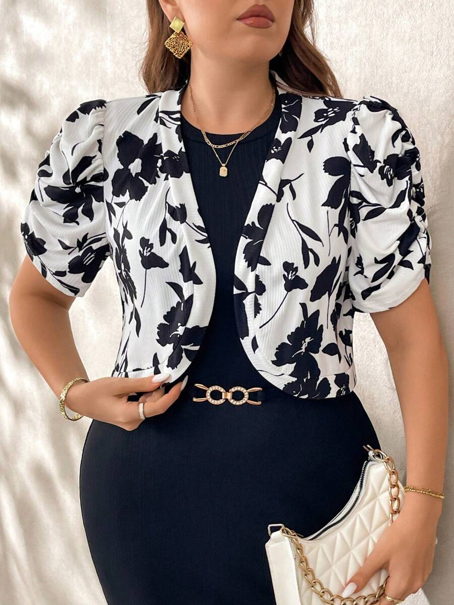 SHEIN Clasi Plus Size Short Black And White Floral Printed Women's Jacket For Autumn Winter Fall