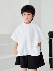 SHEIN 1 Stück Casaul Kleine Junge Polo Shirt In Akademie Stil. Einfach, Praktisch, All-match, Weich, Bequem, Locker, Struktur-stoff, Atmungsaktiv, Geeignet Für Frühling Und Sommer - Weiss - Übersicht 4