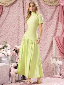 COSMINA Elegant Women's Fall High Neck Solid Color Ruched Split Long Party Gala Cocktail Dress