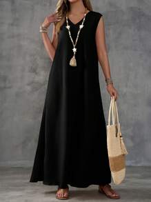 EMERY ROSE 卡其色紋理面料無袖V領開叉女裝連衣裙