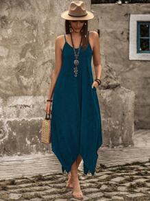 Breezaya 女士固色手帕式不對稱吊帶連衣裙 - 水鴨藍 - 查看 3