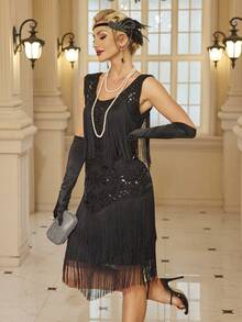 1 件女士优雅无袖纯色流苏下摆晚会礼服，复古 1920 年代风格半正式婚礼宾客礼服，适合生日、晚宴、返校节、鸡尾酒会