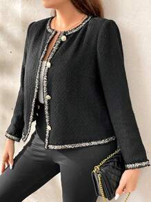 SHEIN Clasi Plus Contrast Trim Button Front Jacket Winter Fall Autumn - Black - View 4