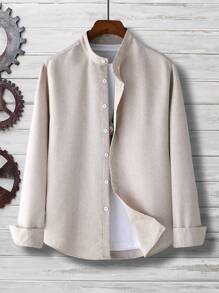 Manfinity Mode Men's Spring/Summer Solid Color Stand Collar Long Sleeve Daily Commute Shirt