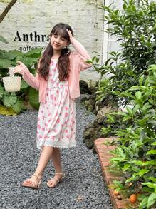 SHEIN Tween Girls  Floral Print Cami Dress & Solid Button Front Trench Coat - Pink - View 4