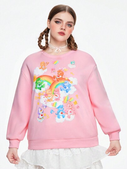 ROMWE X Care Bears Plus Size Dreamy Sky Rainbow Clouds & Bear Printed Round Neck Long Sleeve Fleece Sweatshirt For Women, Autumn And Winter