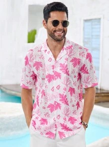 Manfinity VCAY Woven Casual Men's Fashionable Short Sleeve Shirt And Shorts Set, Loose Fit, Palm Leaf Pattern, Suitable For Daily Wear, Vacation, And Leisure