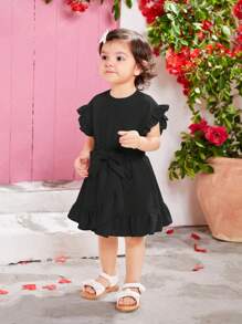SHEIN Baby Girl Casual Summer Belted Solid Color Drop Shoulder Ruffle Asymmetrical Hem Dress - Black - View 3