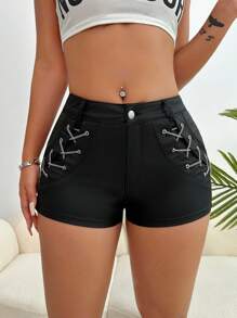 SHEIN SXY 女性夏季時尚鍊帶交叉細身短褲 - 黑色 - 查看 5