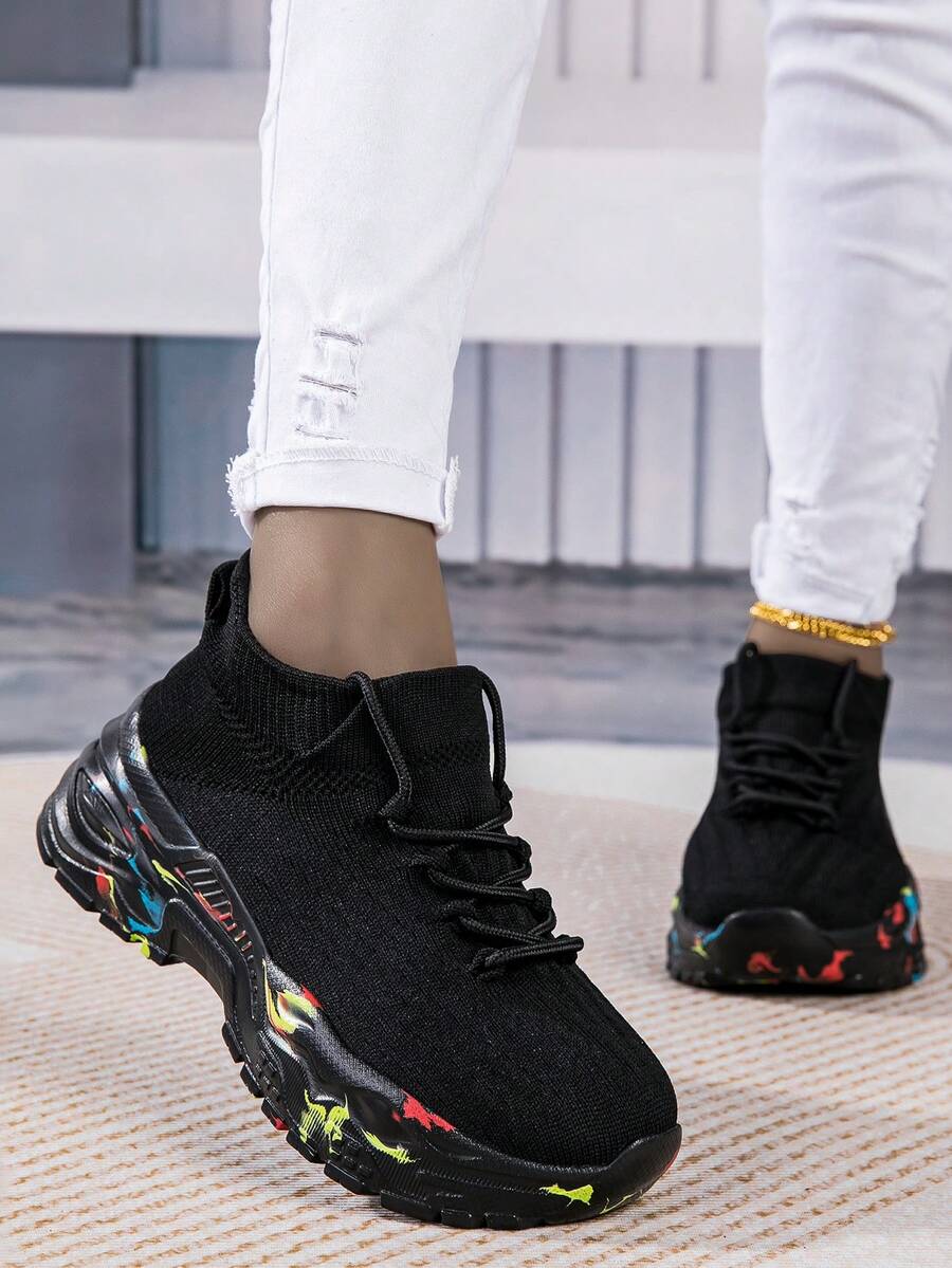 Women's Outdoor Low-Cut Thick-Soled Elevator Breathable Fashionable Spring/Summer/Autumn Casual Sock Shoes Sneakers - Black - View 1