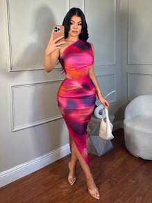 SHEIN SXY Áo thun in họa tiết nhuộm loang một bên vai gợi cảm mùa hè có đường xẻ cao, kết hợp với chân váy bó sát cạp cao Bộ trang phục Clothes Western Wear Trang phục sinh nhật Tiệc độc thân Câu lạc bộ hòa nhạc Tiệc tốt nghiệp - Nhiều màu - Xem 4