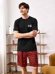 男士自行車印花短袖襯衫和短褲家居服套裝 - 彩色 - 查看 9