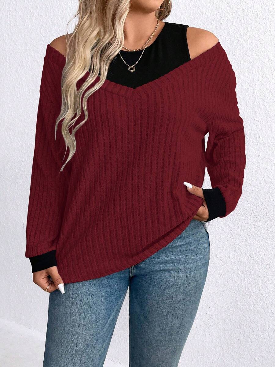 SHEIN LUNE Women's Plus Size Colorblock Open Shoulder Long Sleeve Casual T-Shirt, Spring/Summer - Burgundy - View 1