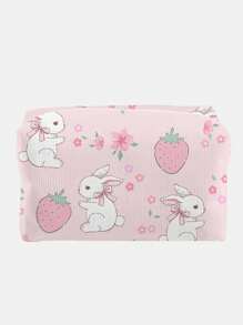 ROMWE Kawaii Cute Pink Rabbit & Strawberry Pattern Octagonal Velvet Makeup Bag - Pink - View 1