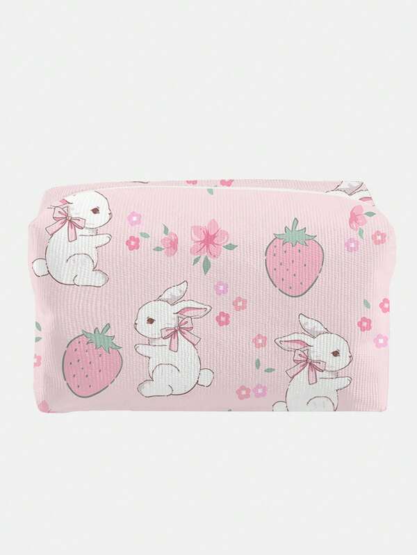 ROMWE Kawaii Cute Pink Rabbit & Strawberry Pattern Octagonal Velvet Makeup Bag