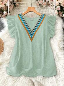 SHEIN LUNE 對比色軟絲邊波浪紋上衣 - 綠色 - 查看 1