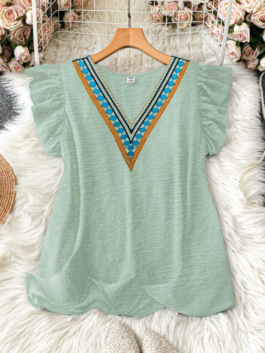 SHEIN LUNE 對比色軟絲邊波浪紋上衣 - 綠色 - 查看 1