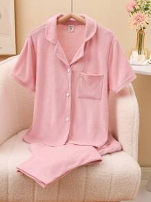 Ensemble de vêtements de nuit en jersey éponge ignifuge pour jeune fille, chemise à manches courtes et pantalon - Rose bonbon - Voir 3