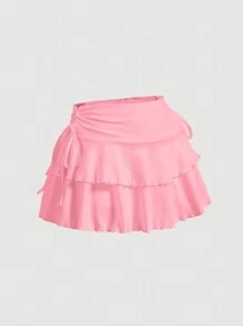 SHEIN MOD Drawstring Waist Pleated Cake Skirt - Coral Pink - View 5