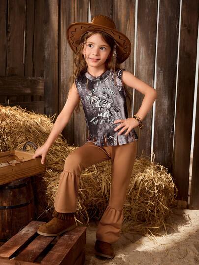 SHEIN Girls' Summer Digital Printed Casual Holiday T-Shirt With Handcut Tassel Hem Sleeveless Round Neck Knit Top And Solid Color Knit Straight Flare Hem Pants, 2pcs Outfits For Leisure And Vacation