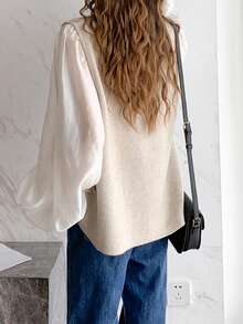 简约设计纯色 V 领无袖开衫背心、无袖上衣 - 杏色 - 查看 2