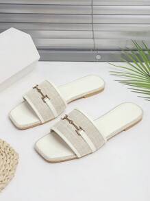 Women's Outdoor Flat Slippers, New Arrival, White Linen Sandals With Metal Buckle Chains, Casual Thick Bottomed Square Toe Sandals With Strap Strap, Color-Block Slides - White - View 5