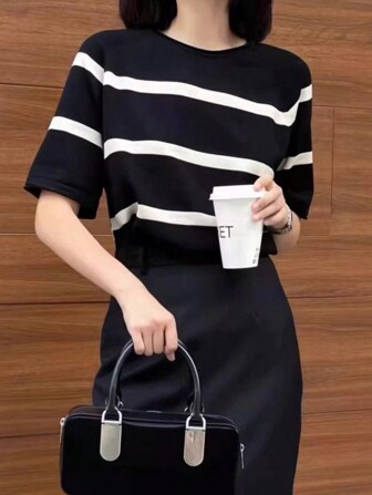 CMC Women's Casual Colorblock Striped Short Sleeve Knit Sweater, Spring/Autumn