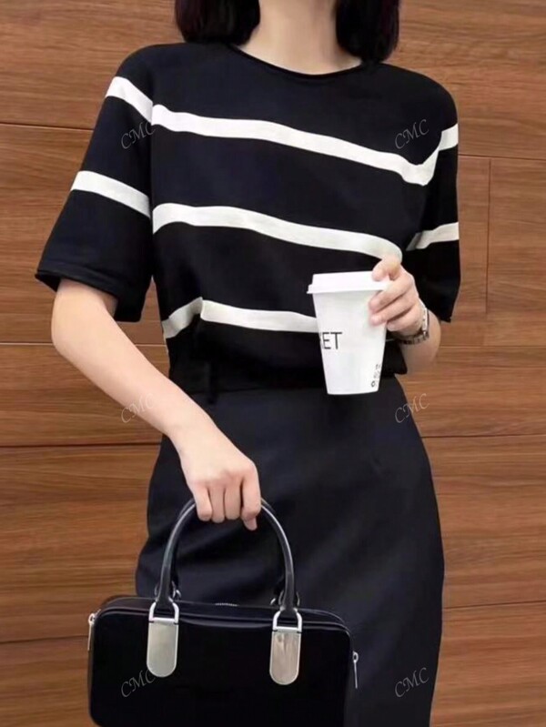 Pull tricoté à manches courtes, style décontracté, avec blocs de couleurs et rayures, pour le printemps/automne, pour femmes